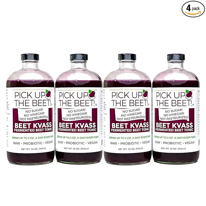 Pick Up The Beet Organic Beet Juice Kvass with Live Probiotics Vegan - Natural Nitric Oxide Boost Fermented Beet Tonic Sugar Cravings Support 32 OZ 4 Bottles