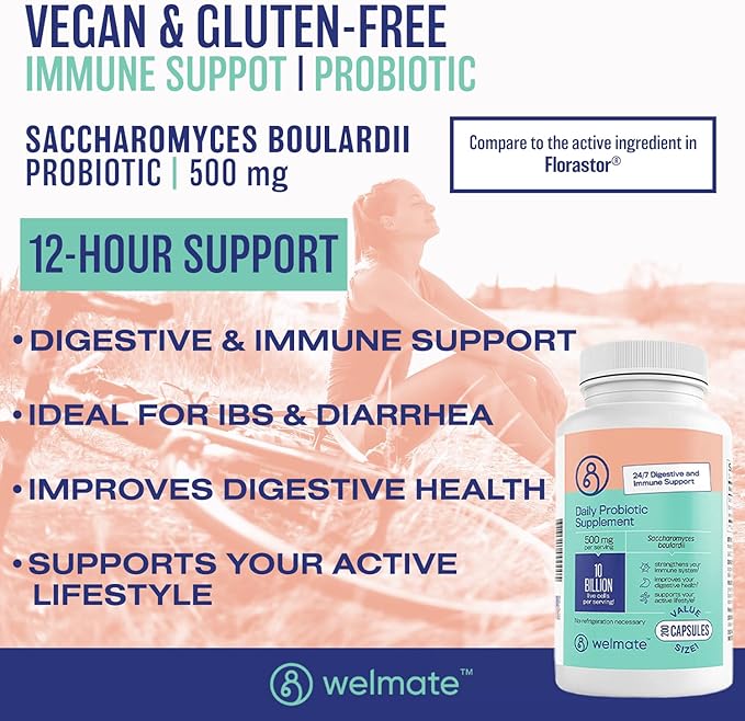 WELMATE - Daily Probiotic Supplement (200 Capsules) Saccharomyces Boulardii 500mg - 24/7 Digestive Support Immune Support - 10 Billion CFU - Over-The-Counter Medication - Vegan Gluten Free Non GMO