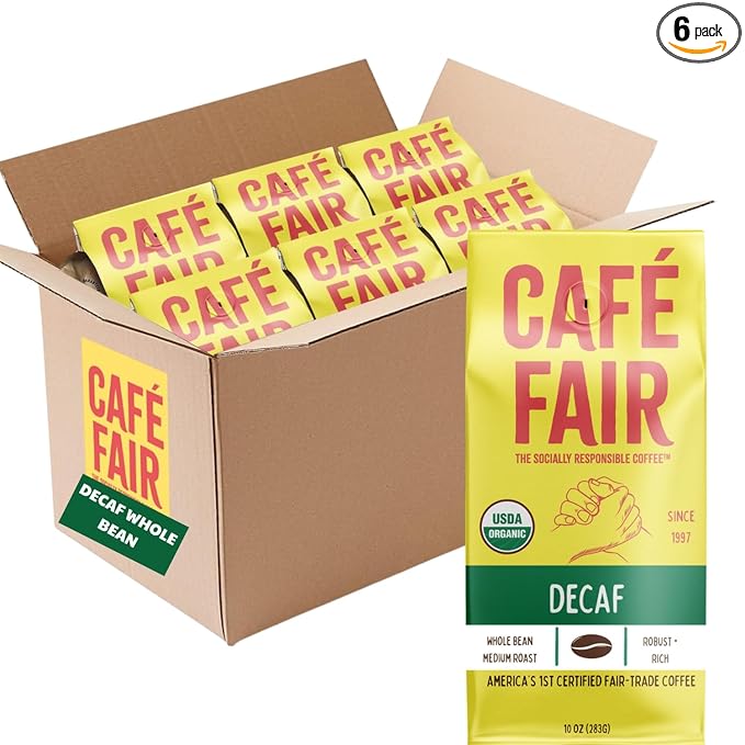 Café Fair Chemical Free DECAF Original | Organic Fair Trade Certified Coffee | Whole Bean | Medium Roast | 10 oz | PACK OF 6