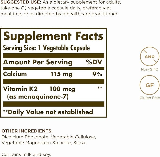 Solgar Naturally Sourced Vitamin K2 (MK-7) 100 mcg - 50 Vegetable Capsules Pack of 2 - Supports Bone Health - Whole Food Source from Natto Extract - Non-GMO Gluten Free - 100 Total Servings
