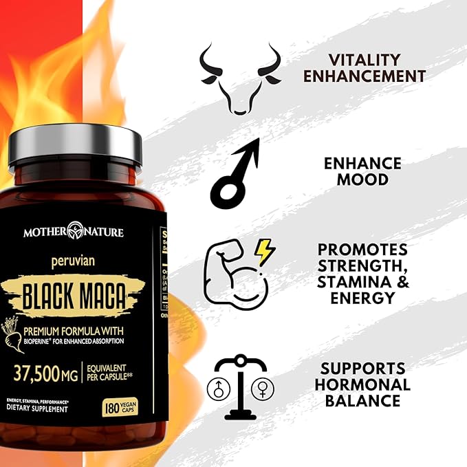 Black Maca Root 50:1 Extract 37500mg – 180 Capsules Organic Peruvian Maca Peruana Supplement for Men | High Potency Energy Mood &amp Performance Support | Vegan Non-GMO