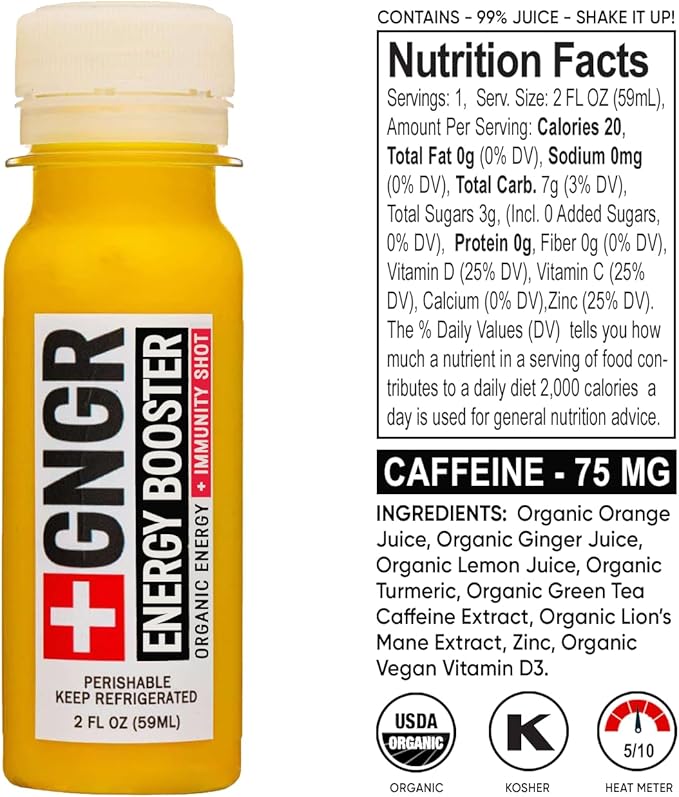 +GNGR Energy Booster – Organic Cold-Pressed Ginger Shot with Turmeric Green Tea Orange &amp Lemon Juice. Natural Energy Shot for Immune and Digestive Support Nothing Artificial 2 fl oz (Pack of 1