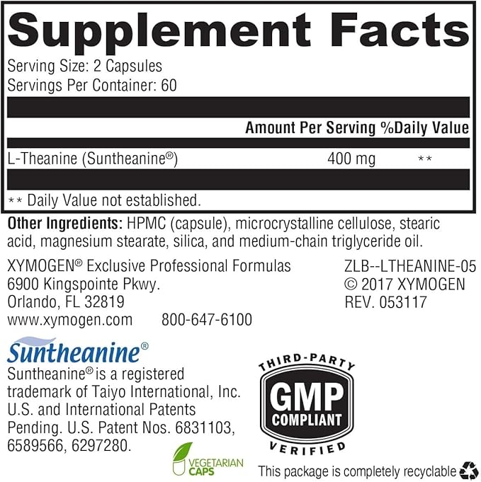 XYMOGEN L-Theanine - Patented Suntheanine L theanine 400mg Per Serving - Amino Acid Supplement to Support Calm + Relaxation Without Drowsiness Liver Health (120 Capsules)