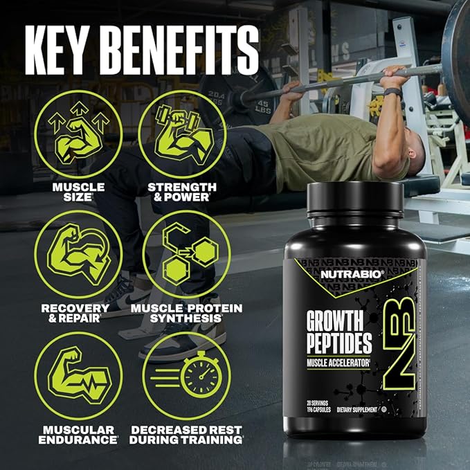 NutraBio Growth Peptides |Muscle Accelerator with DiLeucine &amp PeptiStrong | Peptides for Muscle Growth Men &amp Women- 28 Servings- 196 Capsules