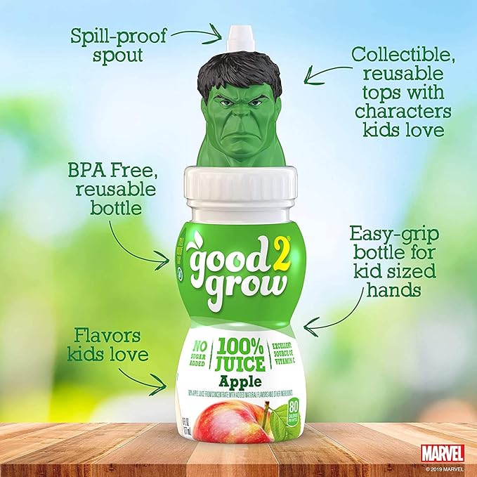 good2grow Avengers Collector 6 Pack 100% Apple Juice 6-pack of 6-Ounce Spill Proof Character Top Bottles Non-GMO with no Sugar Added and Excellent Source of Vitamin C Character Tops May Vary