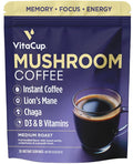 VitaCup Mushroom Instant Coffee | For Memory &amp Clarity Support | with Fiber Chaga Lion’s Mane | D3 &amp B Vitamins | Medium Roast 100% Arabica &amp Robusta Instant Coffee | 30 Servings
