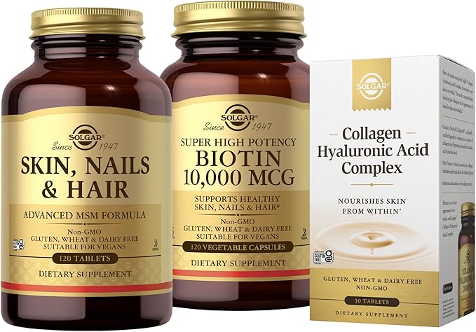 SOLGAR Hair Skin Nails &amp Collagen Bundle: Skin Nails &amp Hair Advanced MSM Formula 120 Tablets + Collagen Hyaluronic Acid Complex 30 Tablet + Biotin 10000 mcg 120 Capsules