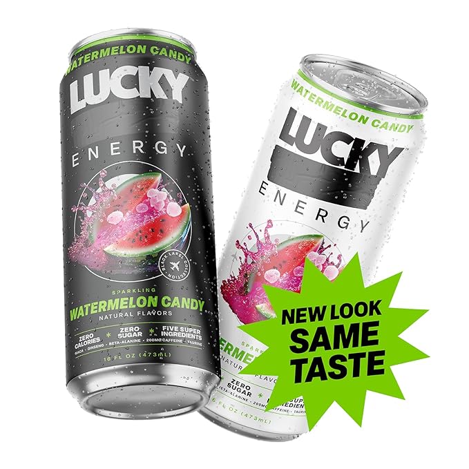 Lucky Energy Sugar Free Energy Drinks Watermelon Candy 16oz Cans (12-Pack) Healthy Zero Sugar Energy Drink with Maca Ginseng Beta-Alanine Taurine &amp 200mg Caffeine