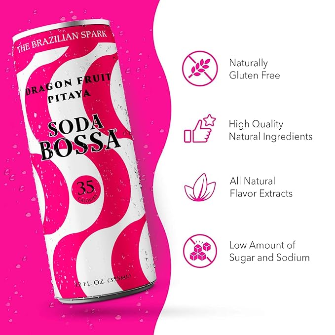 Soda Bossa Sparkling Healthy Soda Dragon Fruit Low-Calorie Gluten Free &amp Non-GMO Guilt-Free &amp Hydrating Sparkling Soda Drink - Natural Soda - Craft Soda 8-12 FL OZ Cans/Box (Pack of 1 Box)