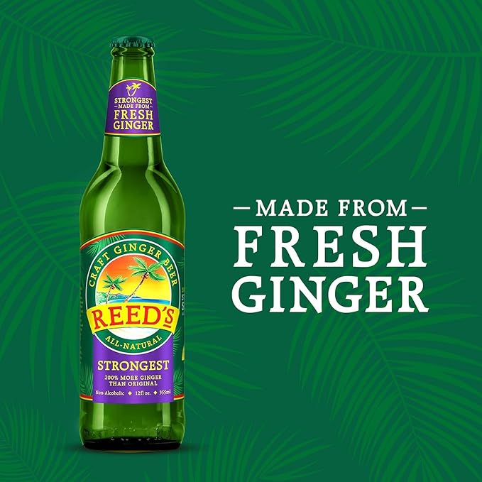 Reed's Strongest Ginger Beer - 3x Fresh Ginger Root for Intense Spice - 12oz Glass Bottles 12 Pack