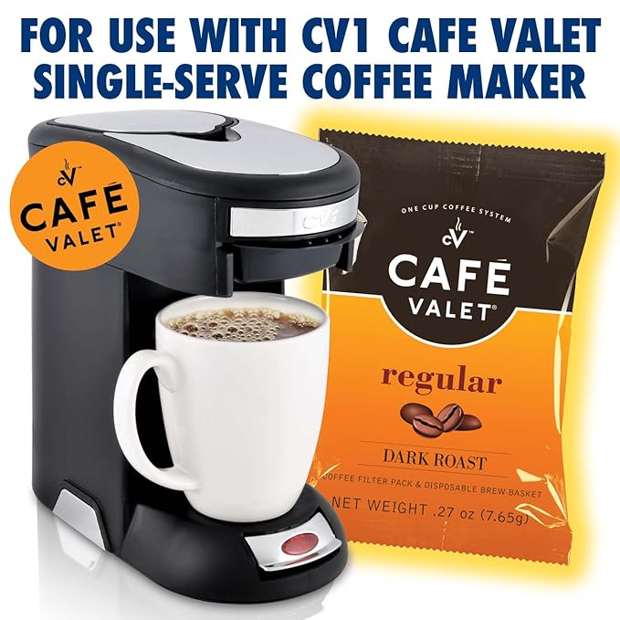 Café Valet Regular Dark Roast Single Serve Coffee Packets – 84 Count – For Use with Café Valet Single Serve Cofee Makers – Disposable Brew Basket &amp Cofee Pack