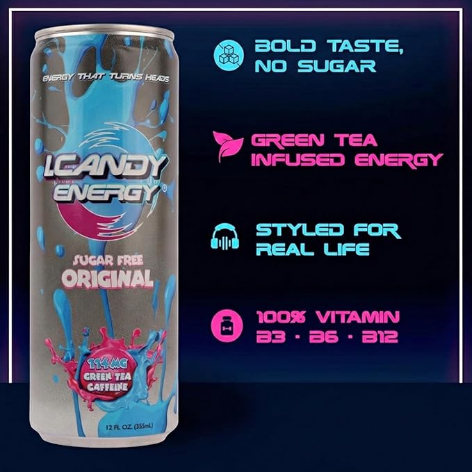 I.CANDY Sugar Free Energy Drink 24 Pack 12 oz Cans Zero Sugar Energy Drinks Bulk Case Zero Calorie 114mg Caffeine No Crash Clean Energy