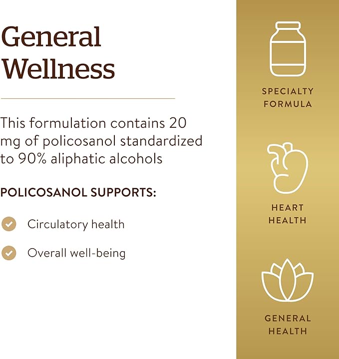 Solgar Policosanol 20 mg 100 Vegetable Capsules - Supports Heart Health - General Wellness - Vegan Gluten Free Dairy Free Kosher - 100 Servings