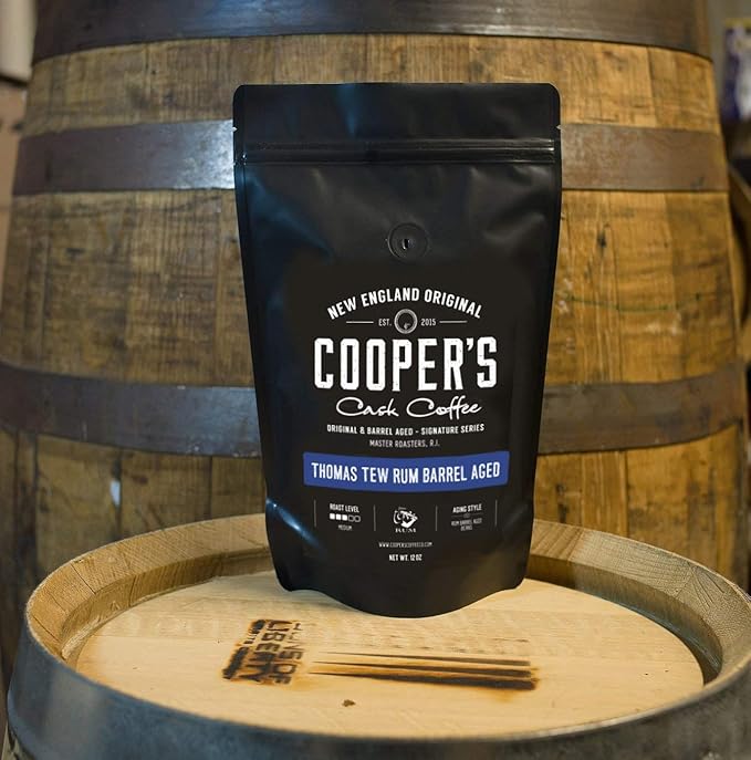 Single Origin Sumatra Coffee Beans Aged in Stout Whiskey Barrels - Ground Coffee - 12 oz and Rwanda Coffee Beans Aged in Thomas Tew RUM Barrels - Ground Coffee - 12 oz