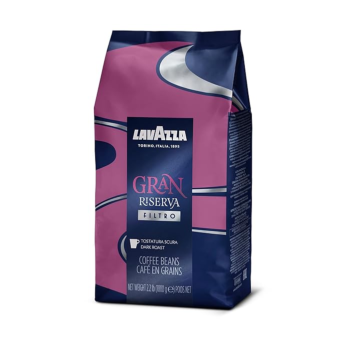 Lavazza Gran Riserva Filtro Whole Bean Coffee Dark Roast 2.2LB Bag 100% Natural Arabica Authentic Italian Cocoa and Caramel aromatic notes (Pack of 6)