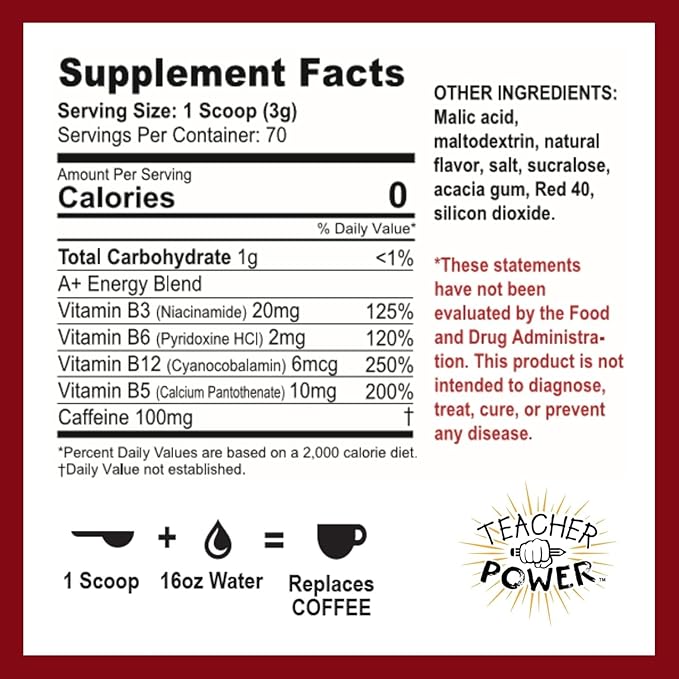 Teacher Power (The Original) Sugar Free Energy Drink 70/servings per Jar 100mg Caffeine with B Vitamins (Black Cherry)