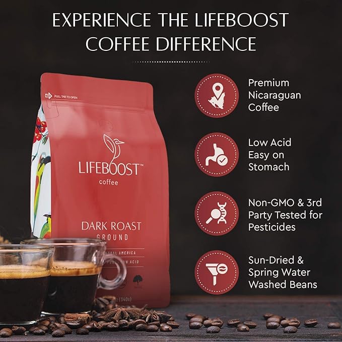 Lifeboost Coffee 3 Pack Dark Roast Ground Coffee - Low Acid Single Origin USDA Organic Coffee - Non-GMO Ground Coffee Beans Dark Roast Third Party Tested For Mycotoxins &amp Pesticides - 12 Ounces