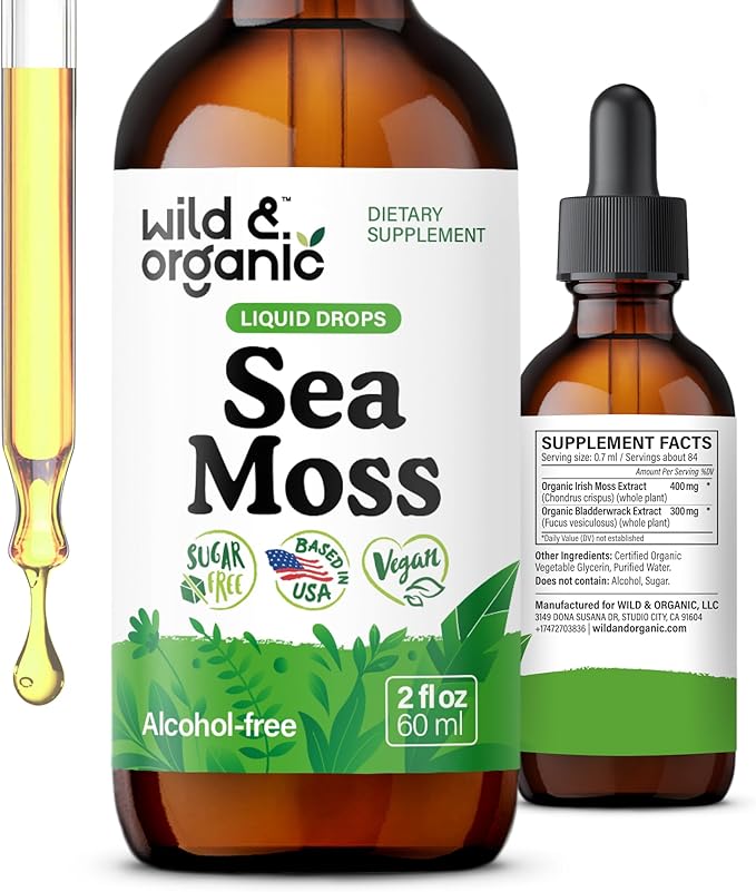 Wild &amp Organic Sea Moss Liquid Drops - Immune Support - Irish Sea Moss and Bladderwrack Tincture - Multimineral Chondrus Crispus Supplement - Vegan Sugar &amp Alcohol-Free - 2 fl oz