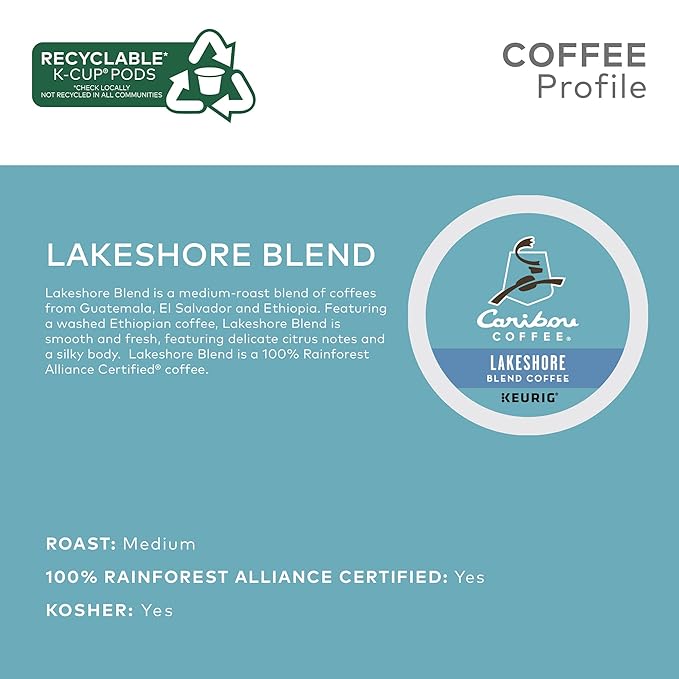 Caribou Coffee Lakeshore Blend Single-Serve Keurig K-Cup Pods Medium Roast Coffee 72 Count