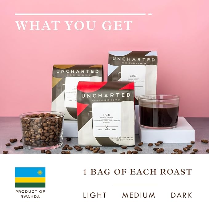 Single-Origin Organic Coffee Beans Gift Box Light Medium and Dark Roast Organic Whole Bean Coffee 3 Pack Explorer 9 oz each 1904 Rwanda by Uncharted Coffee