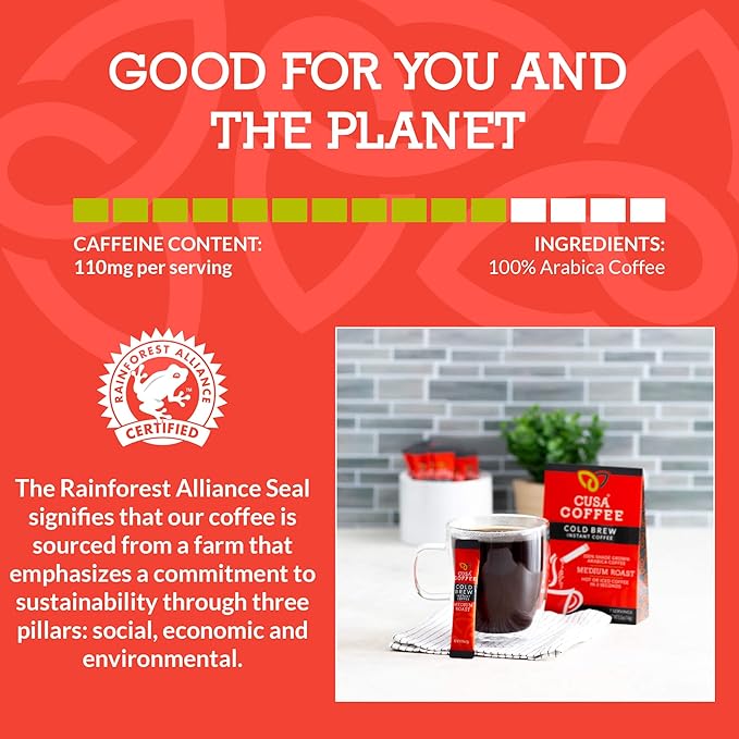 Cusa Tea &amp Coffee | Premium Instant Medium Roast | Rainforest Alliance Certified Arabica Beans | Hot or Cold Brew Drink Mix Packets (30 Single Servings)