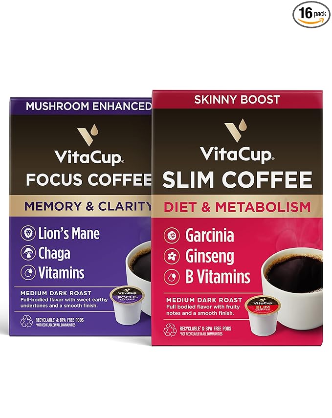 VitaCup Focus &amp Slim Coffee Pods Boost Focus &amp Immunity w/Lions Mane Chaga B Vitamins D3 16CT | Boost Diet &amp Metabolism with Ginseng Garcinia B Vitamins 16ct