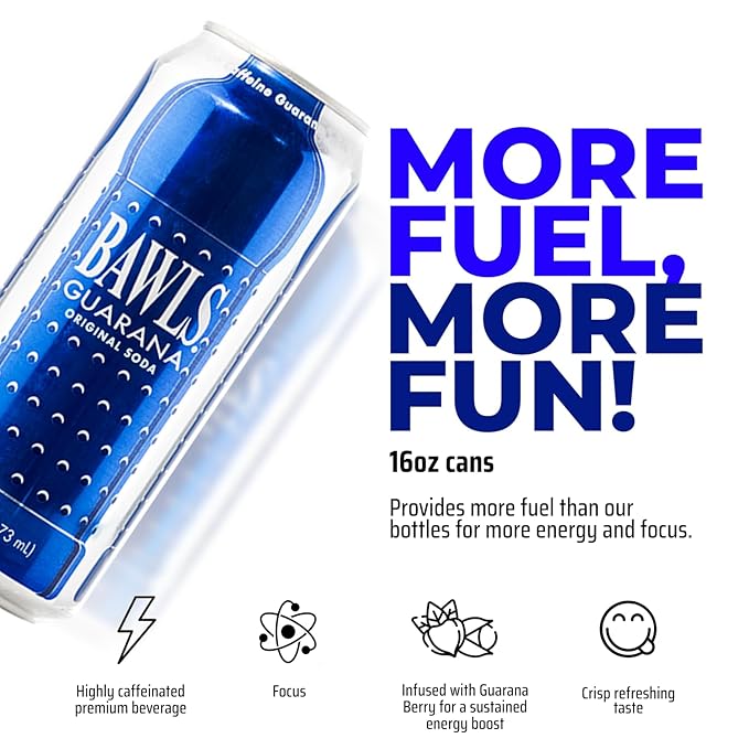 BAWLS Guarana Original Guarana Fueled Soda for Energy High Energy Caffeinated Drink - 16oz 12 Pack Cans