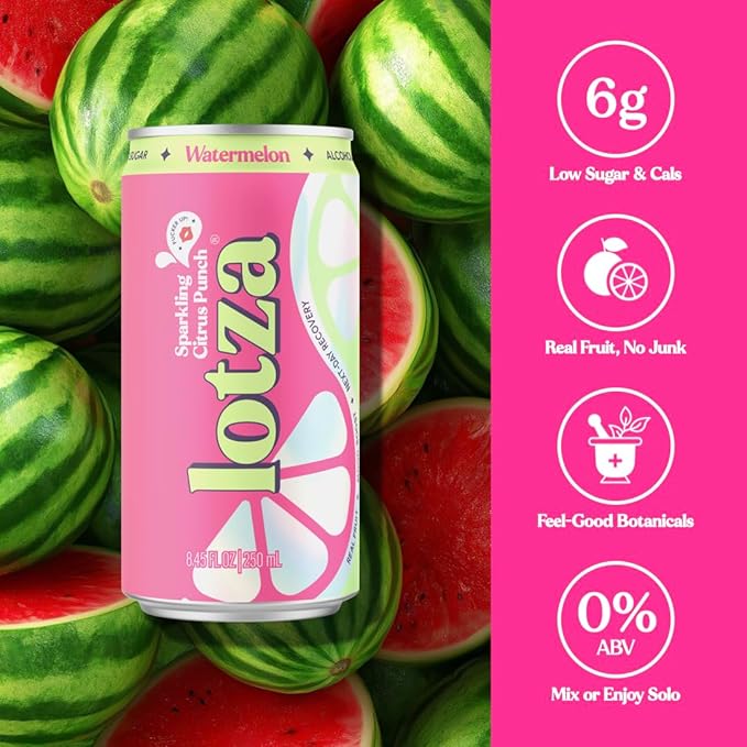 Lotza Sparkling Non-Alcoholic Adaptogen Drink with Electrolytes | Non-Alcoholic Mocktail &amp Drink Mixer| Antioxidants &amp Real Fruit (Pack of 12) Watermelon