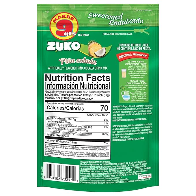 Zuko Pineapple Coconut Instant Powder Drink | Family Pack | No Sugar Needed | Vitamin C | 14.1 Ounce (Pack of 6)