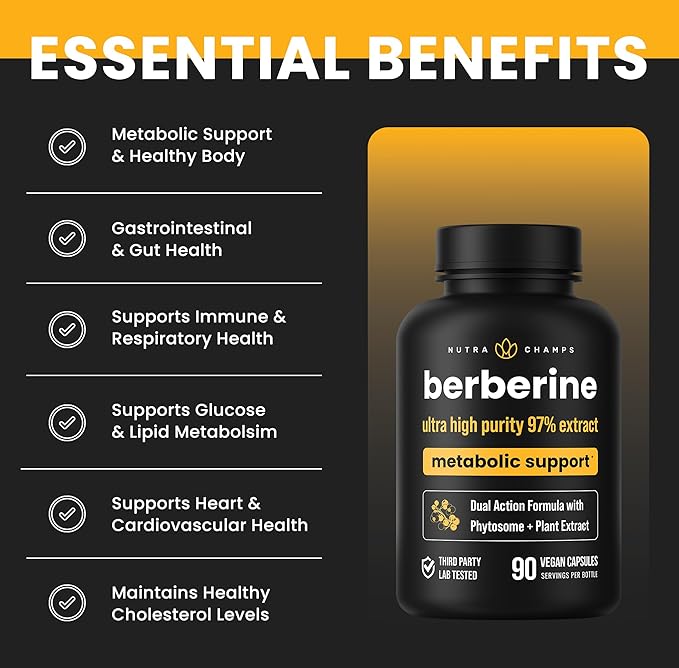 NutraChamps Berberine Supplement | Ultra High Strength 97% Purity | Berberine HCL 1500mg + Berbevis Phytosome Extract for Enhanced Absorption &amp Metabolic Support | Premium 500mg 90 Vegan Capsules
