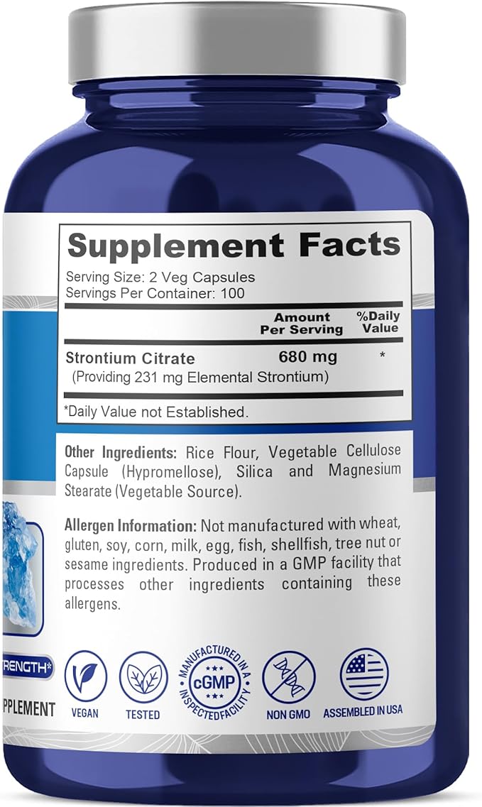 NusaPure Strontium Citrate - Suitable for Vegetarian/Vegan Non - GMO - 680 mg 200 Capsules