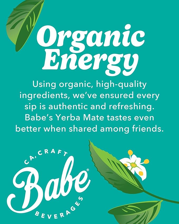 Babe Organic Yerba Mate Energy Drinks | NO SUGAR ADDED with 150mg Plant-Based Caffeine | Natural Yerba Mate Tea with No Crash No Jitters - Peach Mango &amp Passion Dragon (6 x 12oz Cans)
