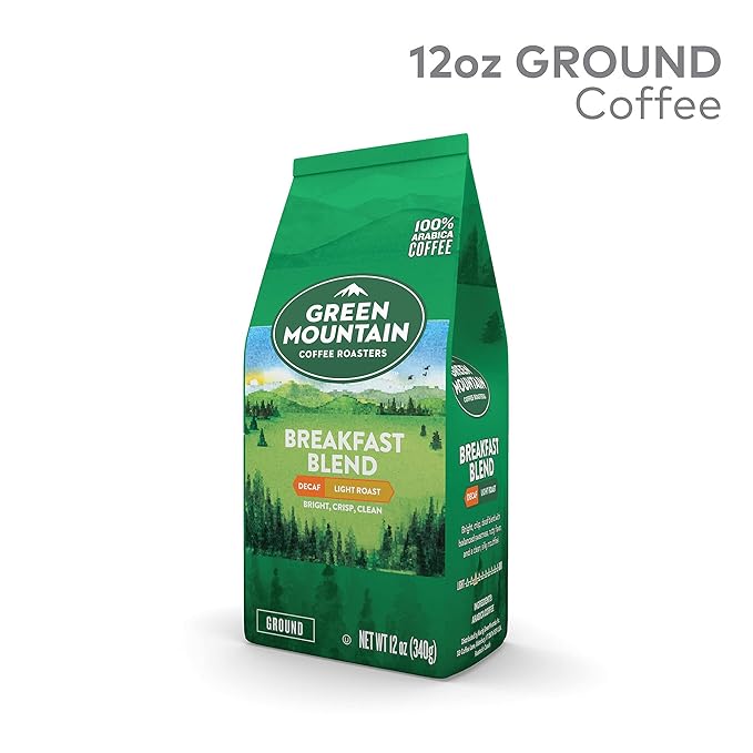 Green Mountain Coffee Roasters Breakfast Blend Decaf Ground Coffee Decaffeinated Light Roast Bagged 12oz. (Pack of 2)