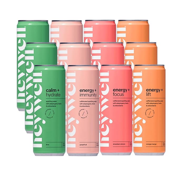 Heywell Sparkling Adaptogenic Water Variety Pack 12 Fluid Ounce (Pack of 12) Includes - Lime Grapefruit Orange Mango Strawberry Lemon - Calm Drink Sparkling Drink