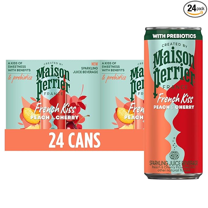 Maison Perrier French Kiss Sweetened Sparkling Juice Beverage Peach &amp Cherry Flavors With Real Fruit Juices 24Pk