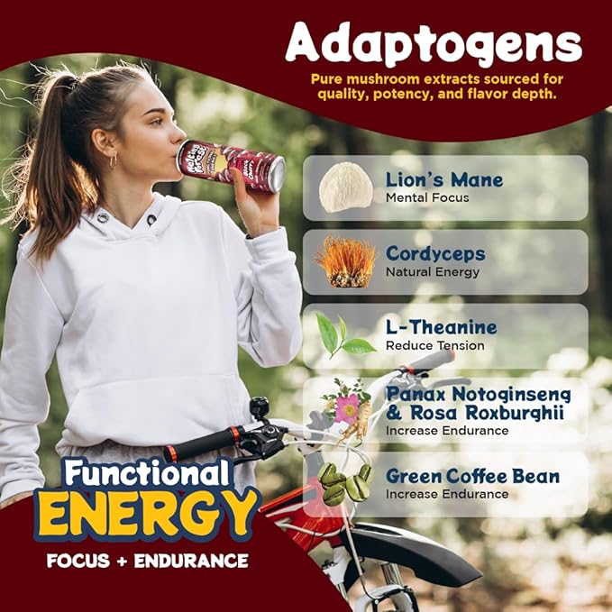 Melting Forest Mushroom Energy Drink Cordyceps &amp Lion's Mane 150mg of Caffeine Energy &amp Focus Cognitive Function &amp Mental Clarity Black Cherry (12 Pack)