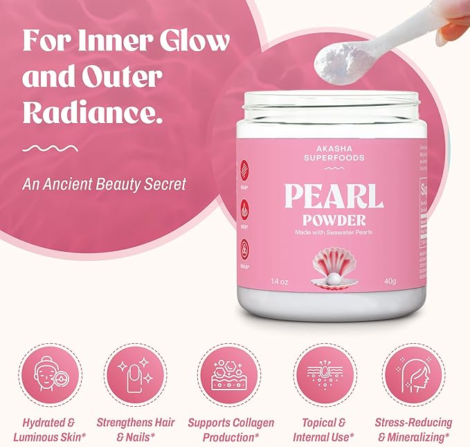 Akasha Superfoods Pearl Powder Supports Collagen Production Blend Into Drinks Smoothies or Skincare Source of Calcium Amino Acids &amp Minerals Gentle on Sensitive Skin Gluten Free 1.4 Oz