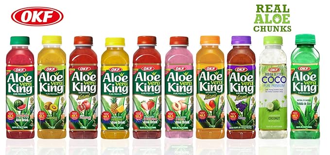 OKF Aloe Vera King Drink Flavors includes Coco Original Grape Mango Pineapple Watermelon Pomegranate Gold Kiwi Peach and Strawberry (10 flavor variety pack 10)