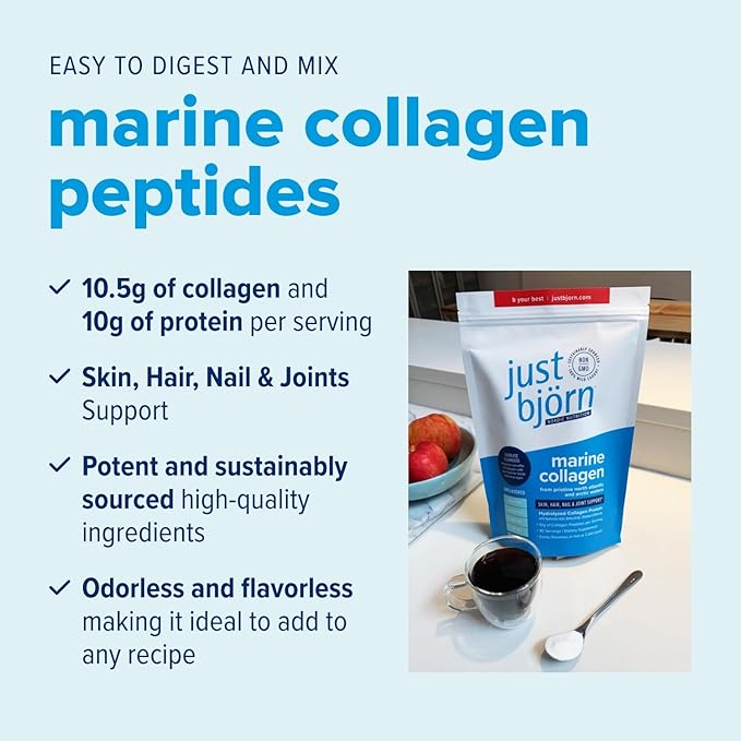 Just Bjorn Marine Collagen Peptides Powder for Women &amp Men - Skin Hair Nail and Joint Support - Hyaluronic Acid Vitamin C Amino Acids - Unflavored (30 Servings / 11.5 Ounce)