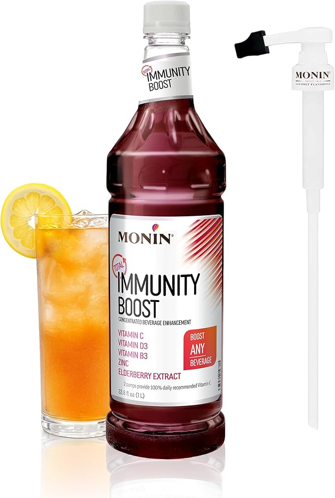 Monin - Total Immunity Boost Liquid Blend of Vitamins Minerals &amp Antioxidants Immune Boosting Vitamin C &amp D + Elderberry For All Beverages Low Calorie (1 Liter + Pump)