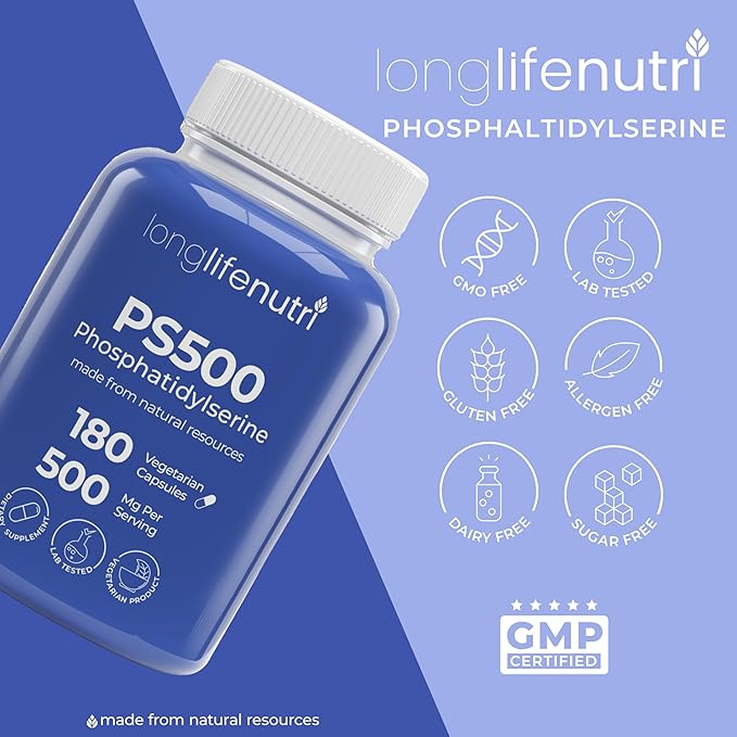 Phosphatidylserine Pure 500mg – 180 Vegetarian Pills 3-Month Supply Supplement for Strengthening Memory Focus &amp Cognitive Function Made in USA Lab Tested Soy Free Non GMO