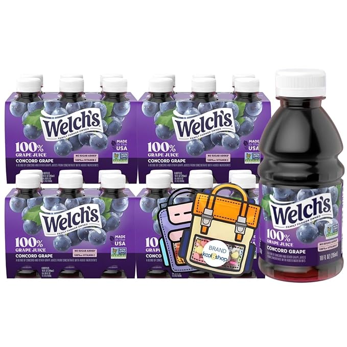 Welch’s 100% Concord Grape Juice Drink 10 fl oz Plastic Bottle 24 Pack + 2 Reusable Snack Bags by KOOL8SHOP Infinite Deals