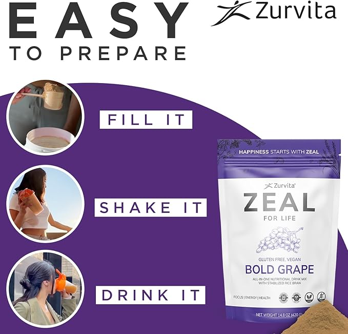 Zurvita - Zeal for Life - Bold Grape Flavor - Daily Nutritional Supplement for Vitality Immunity &amp Overall Wellness - 30-Day Wellness Bag 420 Grams