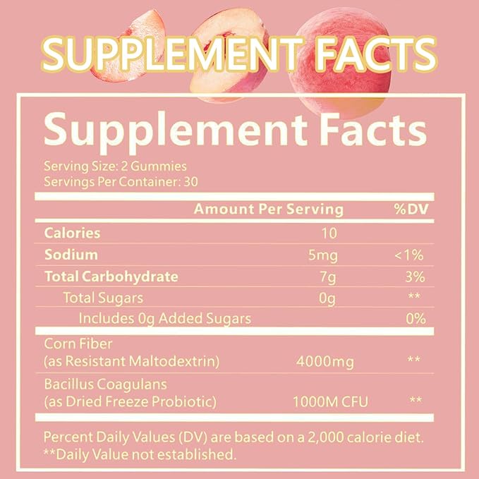 Clean Prebiotic Fiber Gummies for Men Peach FlavorPre+Probiotic Fiber GummiesMen's Digestive Cleaning Support GummyMen Prebiotic Supplement for Digestive Gut Health60 Gummy