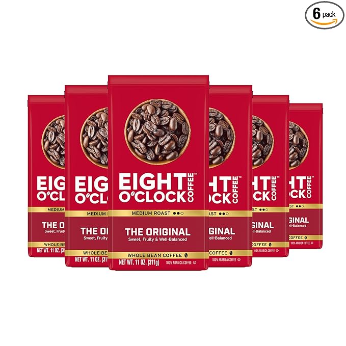Eight O'Clock Coffee The Original Medium Roast Whole Bean Coffee 100% Arabica Sweet Fruity Balanced 11.5 Ounce (Pack of 6)