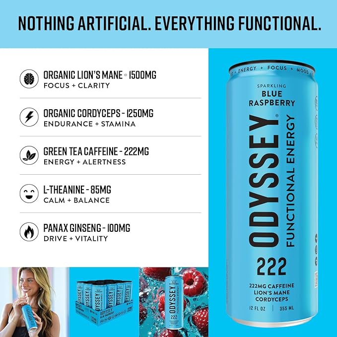 Odyssey Functional Energy Drink for Focus Cognition &amp Mood Support 12 Pack - Adaptogenic Drink with 222mg Green Tea Caffeine Lion’s Mane Cordyceps L-Theanine &amp Ginseng - Sparkling Blue Ras