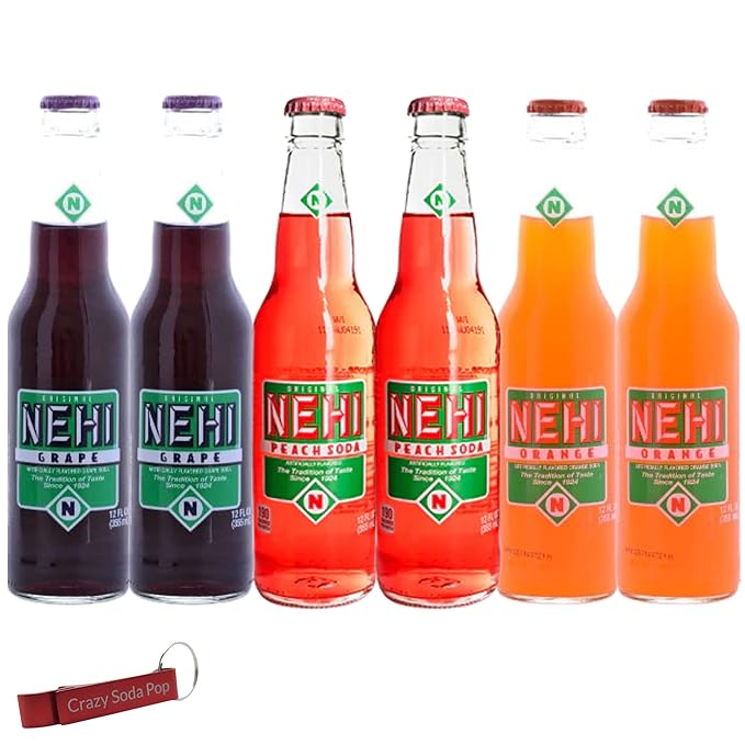 Nehi Soda Variety Pack | Nehi’s Most Popular Soda Flavors | Real Cane Sugar | Caffeine Free | 12 oz Glass Bottles with Crazy Soda Pop Bottle Opener (6 Pack)