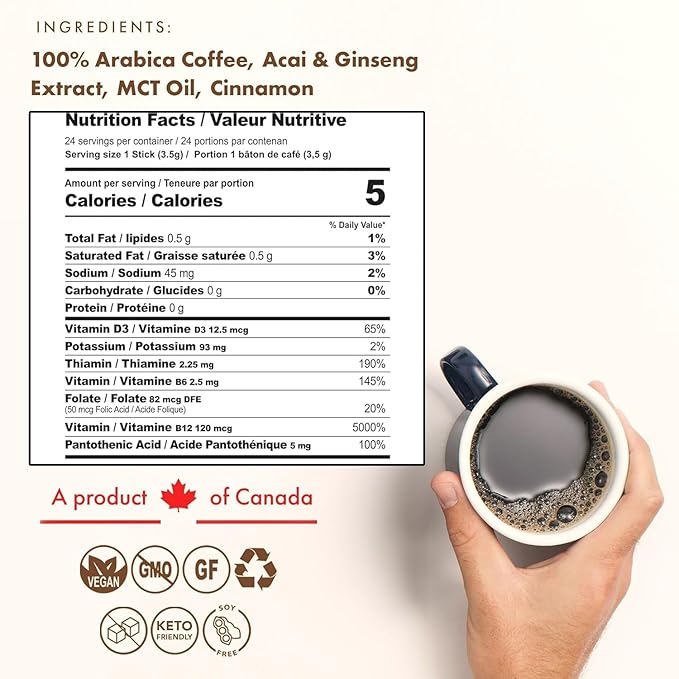 Sollo Brain Power Instant Coffee Sticks (24 Servings) Cinnamon Notes - Dark Roast Enhanced Brain Function &amp Immune Support Focus Bold &amp Smooth Taste 100% Arabica Freeze Dry.