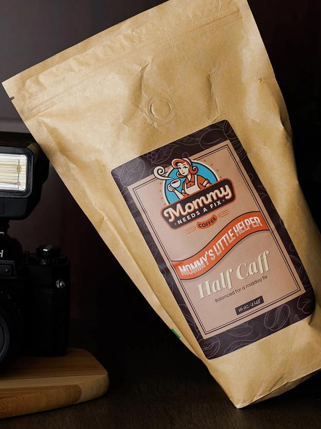 Mommy Needs A Fix Half Caff Whole Bean Coffee | 100% All Natural Arabica Beans | Medium Roast | Chemical Free Swiss Water Process | Pregnancy &amp Breastfeeding Friendly | Roasted in the USA | 1 lb