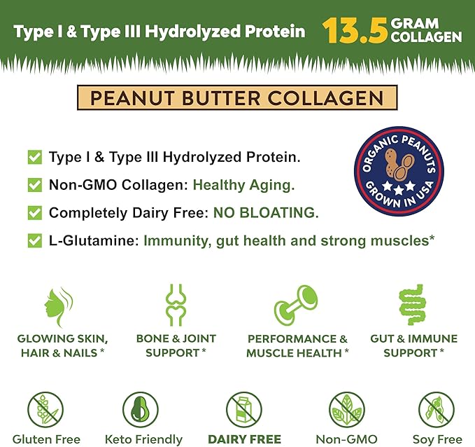 MariGold Grass-fed Collagen Peptides Powder Peanut Butter 1LB - 100% Pure Type I &amp III Bovine Hydrolyzed Collagen Non-GMO Hormone Free Soy Free Gluten Free Dairy Free Keto-Friendly